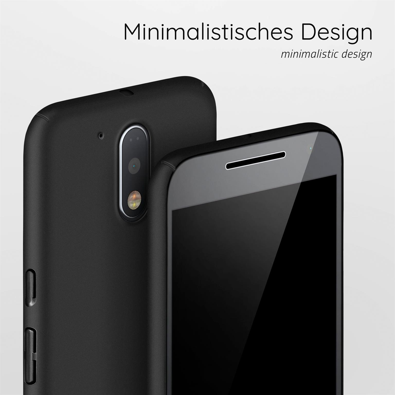 Zwei Telefone, schwarze Hüllen, minimalistisches Design. Eines zeigt die Rückseite, das andere die Vorderseite.