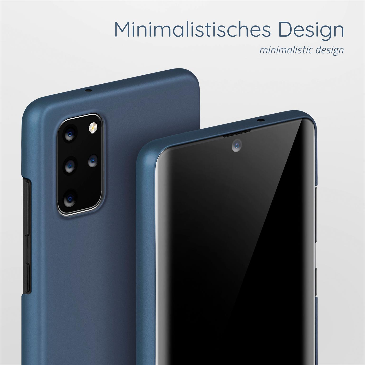 Zwei blaue Telefone in Hüllen. Das rechte Telefon zeigt seinen Bildschirm. Text: Minimalistisches Design.