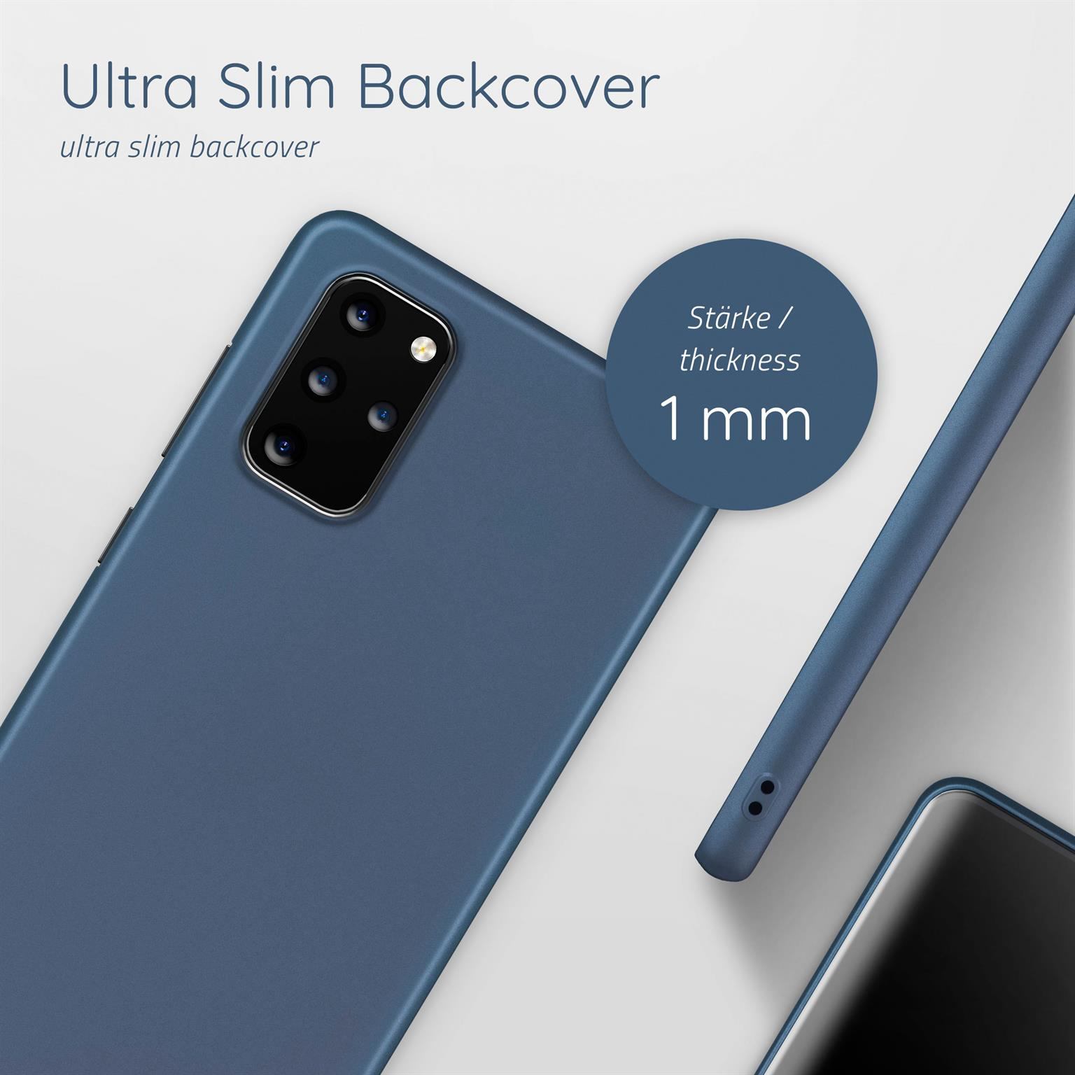 Blaues Telefon auf einer weißen Oberfläche, mit einer blauen Hülle und einem Kreis mit Text.