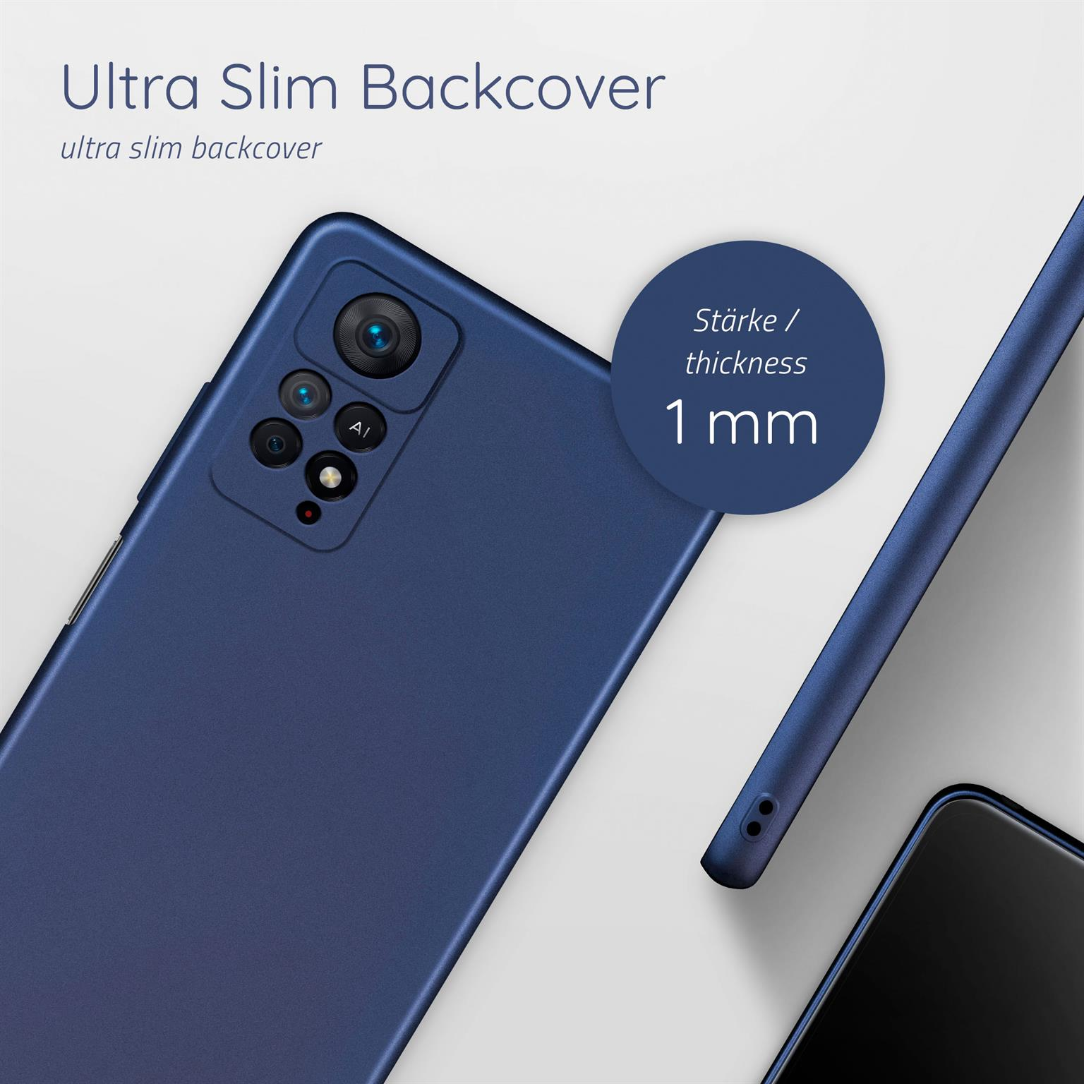 Eine Smartphone-Hülle ist blau. Die Rückseite des Telefons ist sichtbar, mit einem Kreis und einer Kamera.