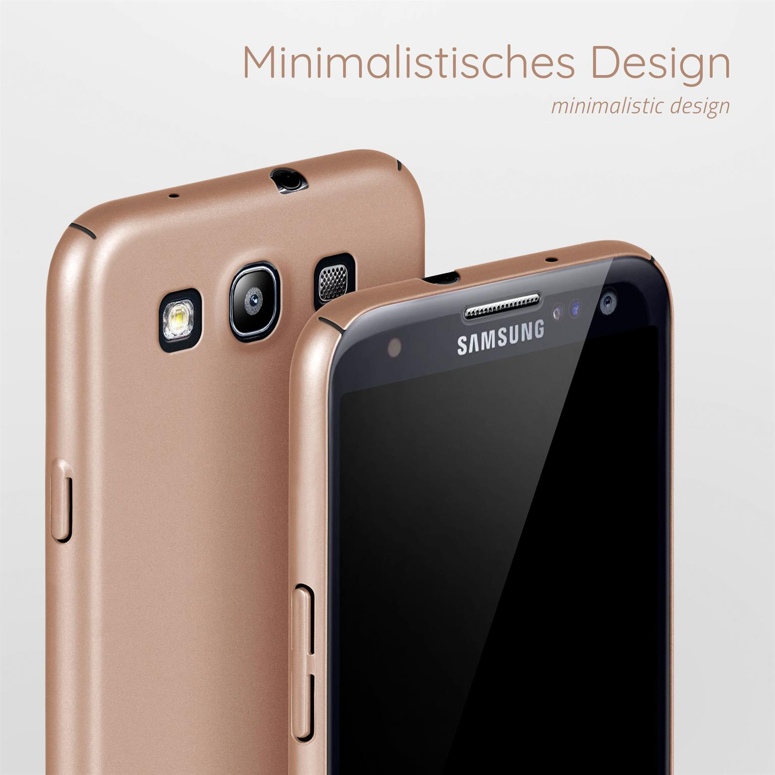 Zwei roségoldene Telefone, eines zeigt die Rückseite mit Kamera und das andere den nach vorne gerichteten Bildschirm.