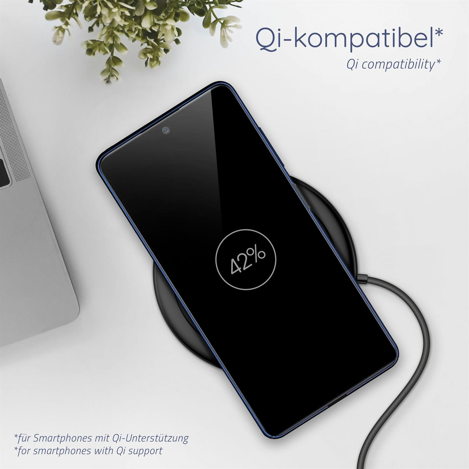 Schwarzes Telefon wird drahtlos geladen. Bildschirm zeigt 42%. Text: Qi-kompatibel.