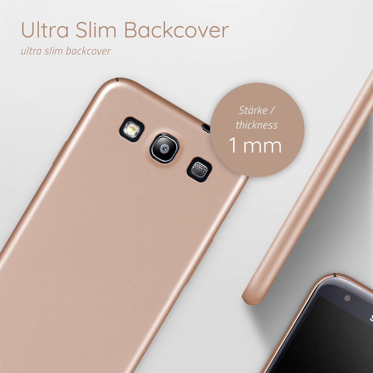 Telefon-Rückseite, goldfarben. Ultraschlank, 1 mm dick. Kamera und Blitz sichtbar. Weißer Hintergrund.