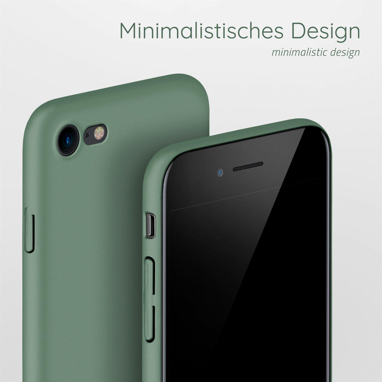 Zwei Handyhüllen, eine auf dem Telefon, die andere dahinter. Telefon ist schwarz, Hülle ist grün.