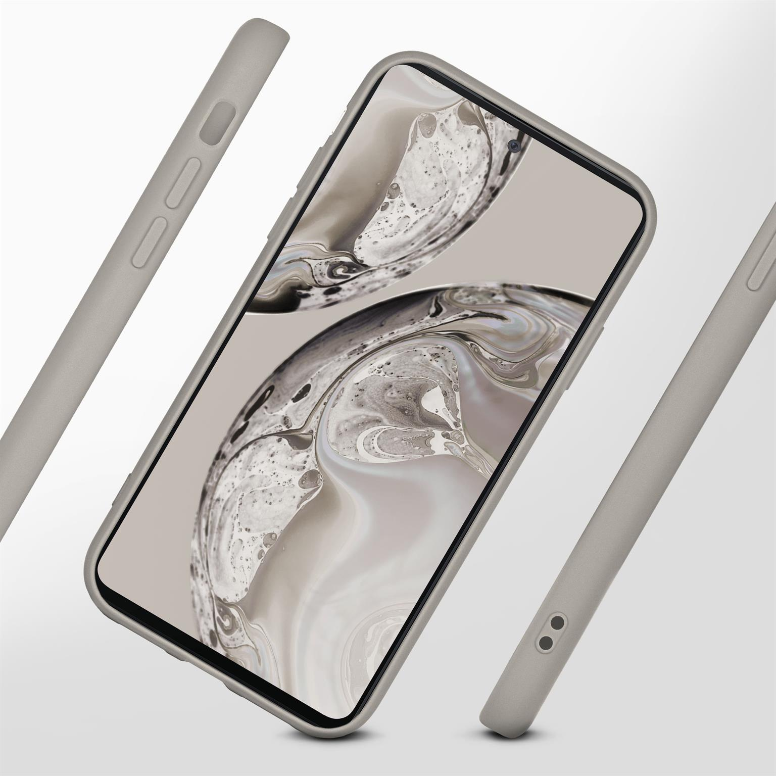 Handyhülle mit Telefon und weiteren Komponenten. Graue Farbe. Display ist sichtbar.