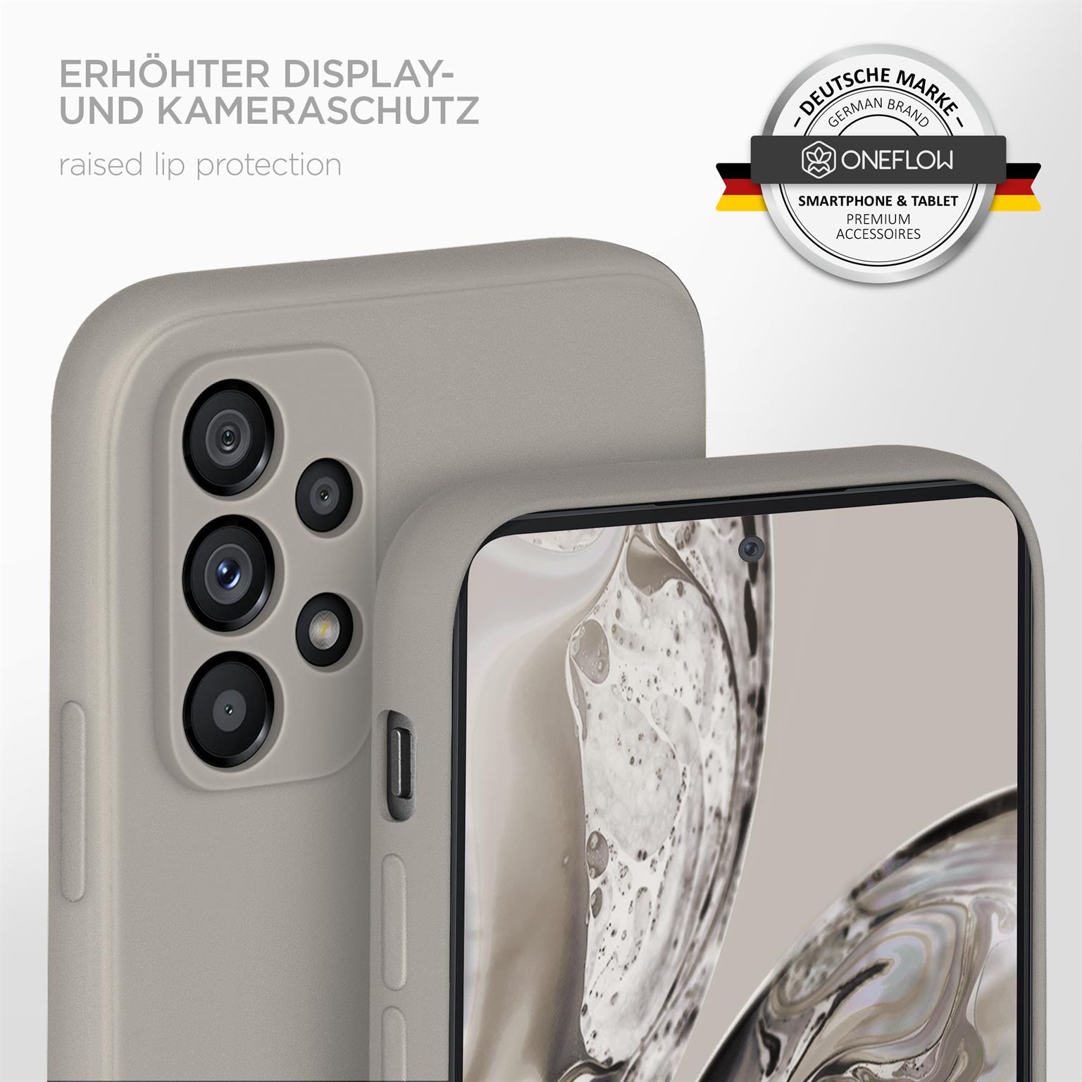 Handyhülle mit erhöhtem Lippenschutz, mit dem Oneflow-Logo.