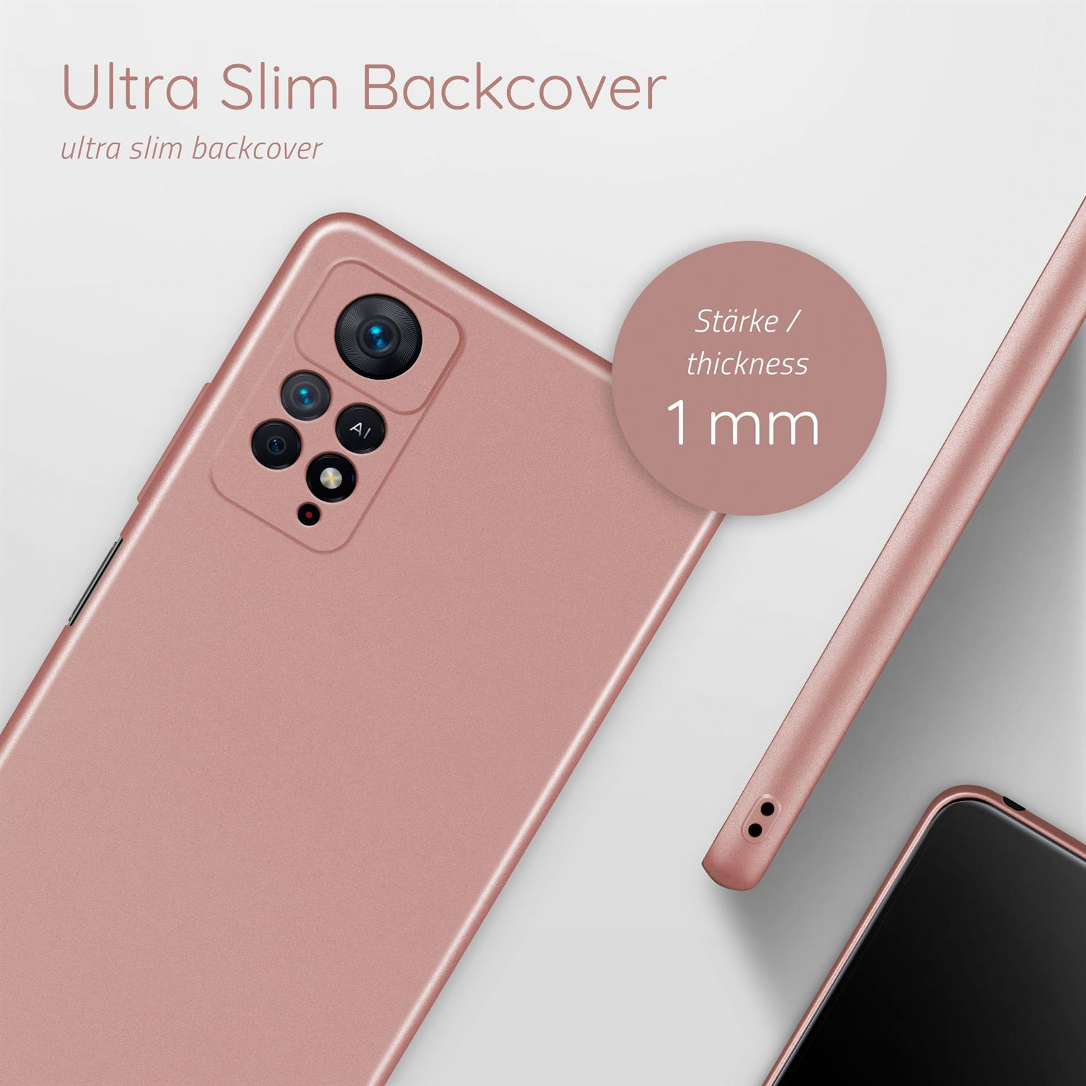 Roségoldene Handyhülle, ultradünn, 1 mm Dicke, ein Telefon und eine Hülle sind sichtbar.