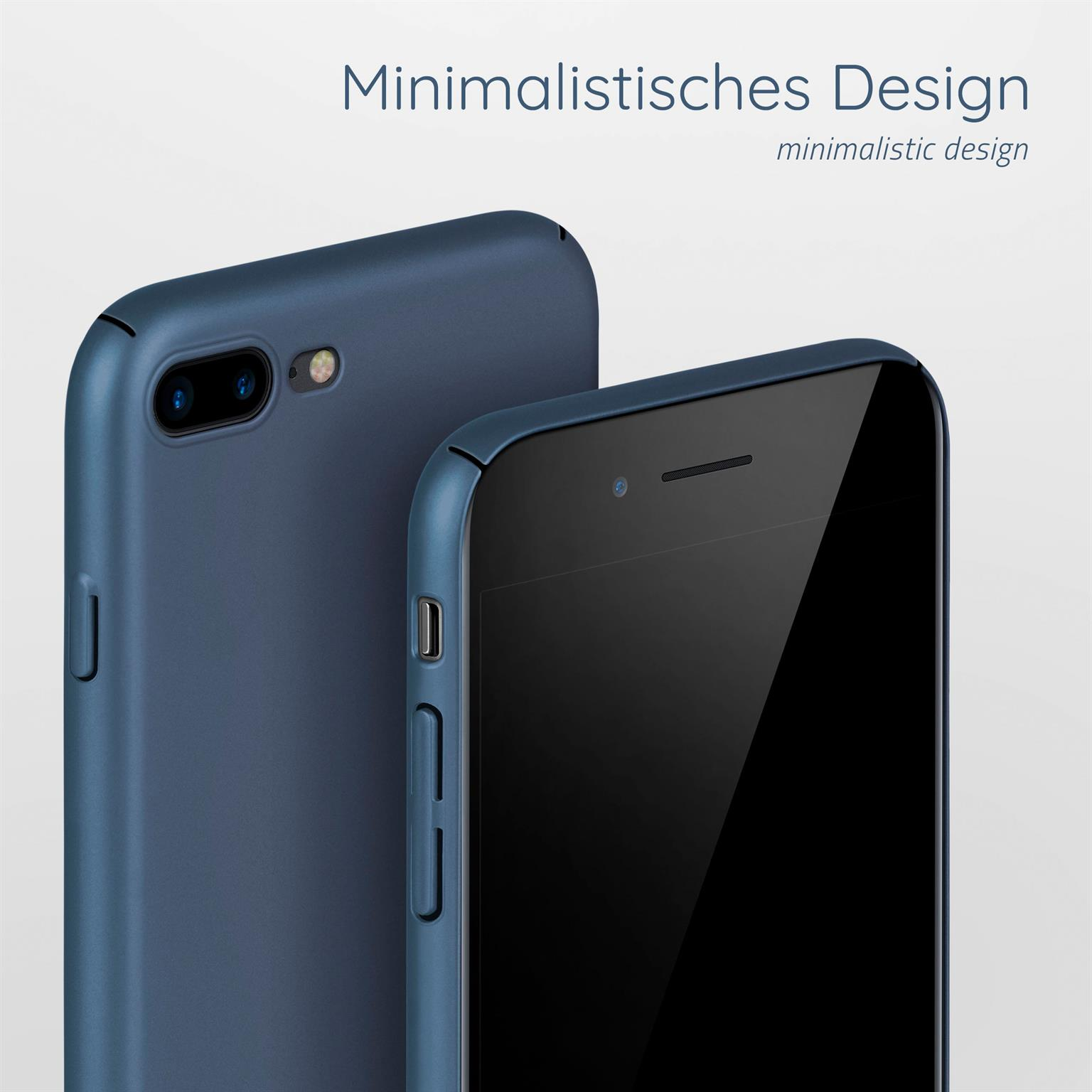 Handyhülle auf weißem Hintergrund. Die Hülle ist blau. Das Telefon ist schwarz.