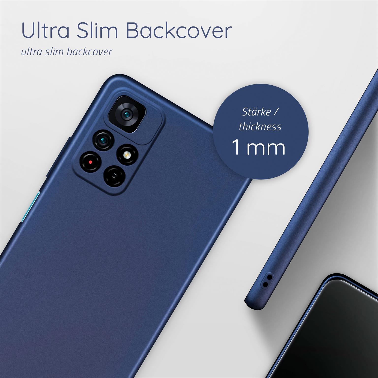 Blaue Handyhülle. Handyhülle ist 1 mm dick. Im Hintergrund ein schwarzes Telefon.