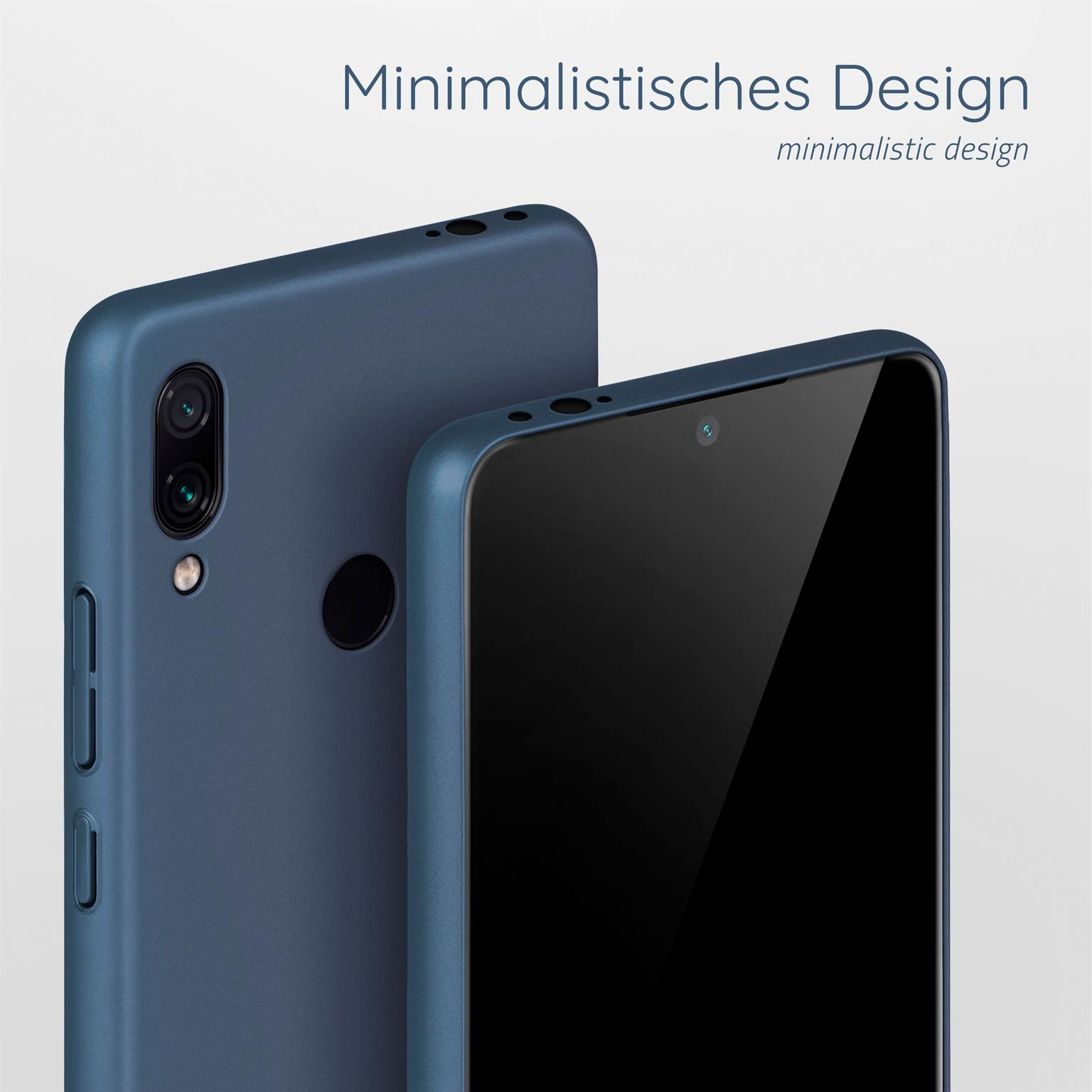Zwei blaue Handyhüllen, eine vor der anderen. Text: 'Minimalistisches Design'.