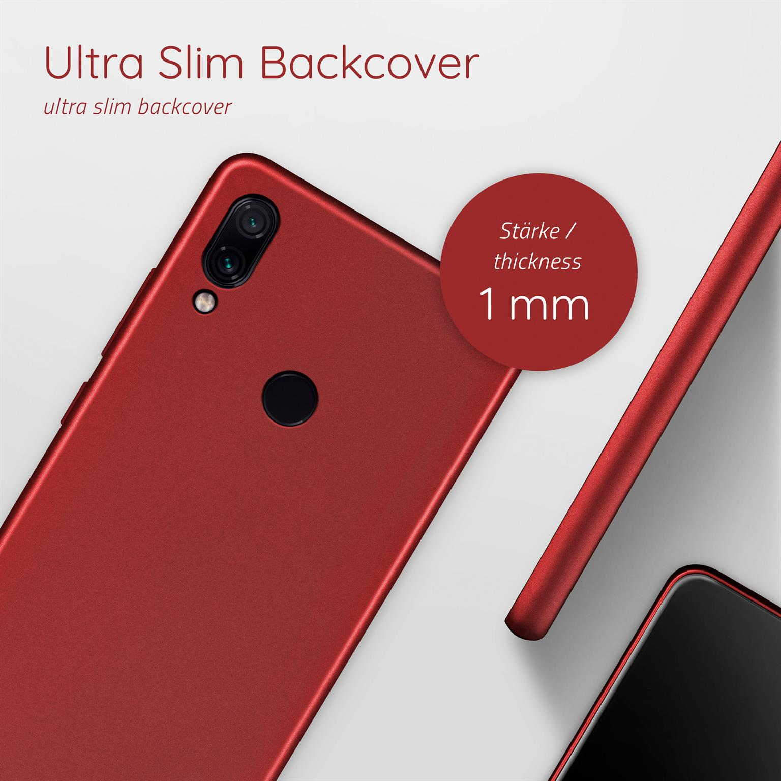 Rote Handyhülle mit schwarzem Bildschirm. Eine Linie zeigt, dass die Hülle 1 mm dick ist. Schwarzes Telefon. Rote Hülle.