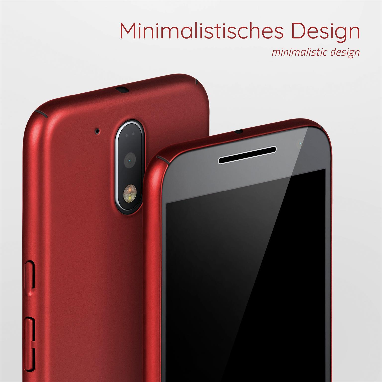 Zwei rote Telefone in Hüllen. Das rechte Telefon zeigt seinen Bildschirm. Text: Minimalistisches Design.