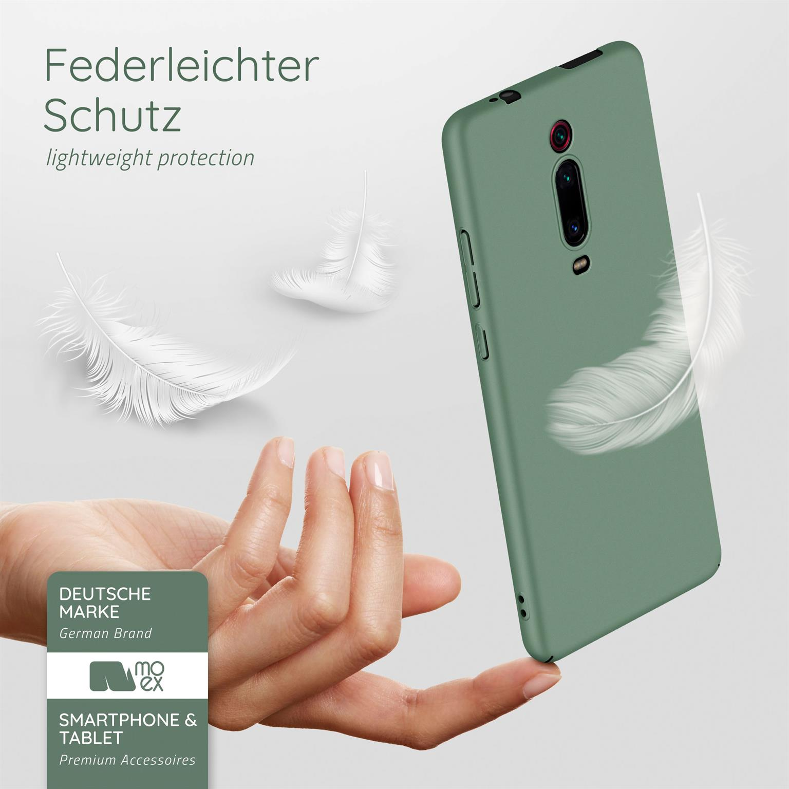 Grüne Smartphone-Hülle mit Federn, die um sie herum schweben.
