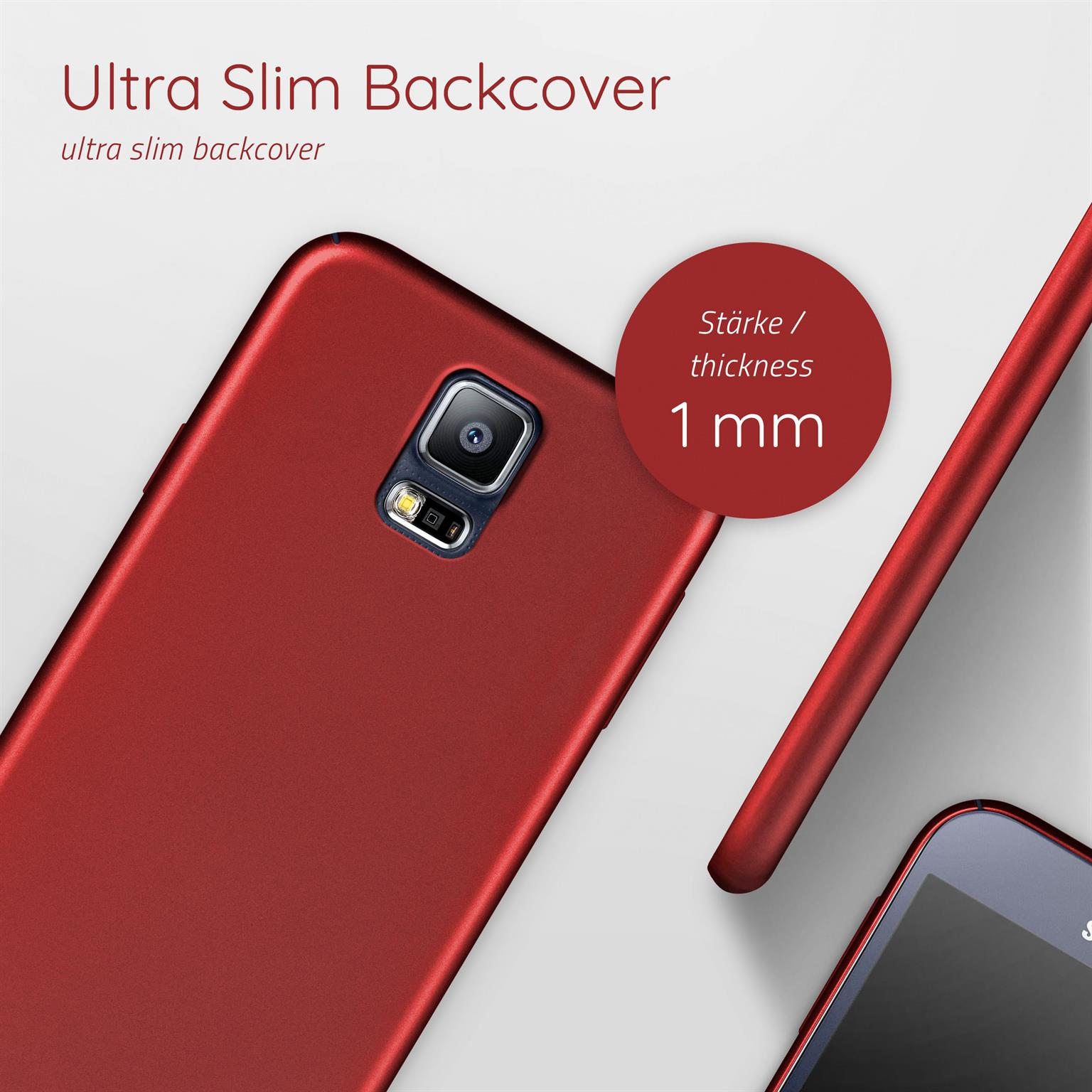 Rote Handyhülle mit 1 mm Dicke auf einem Telefon. Im Hintergrund der Text 'Ultra Slim Backcover'.
