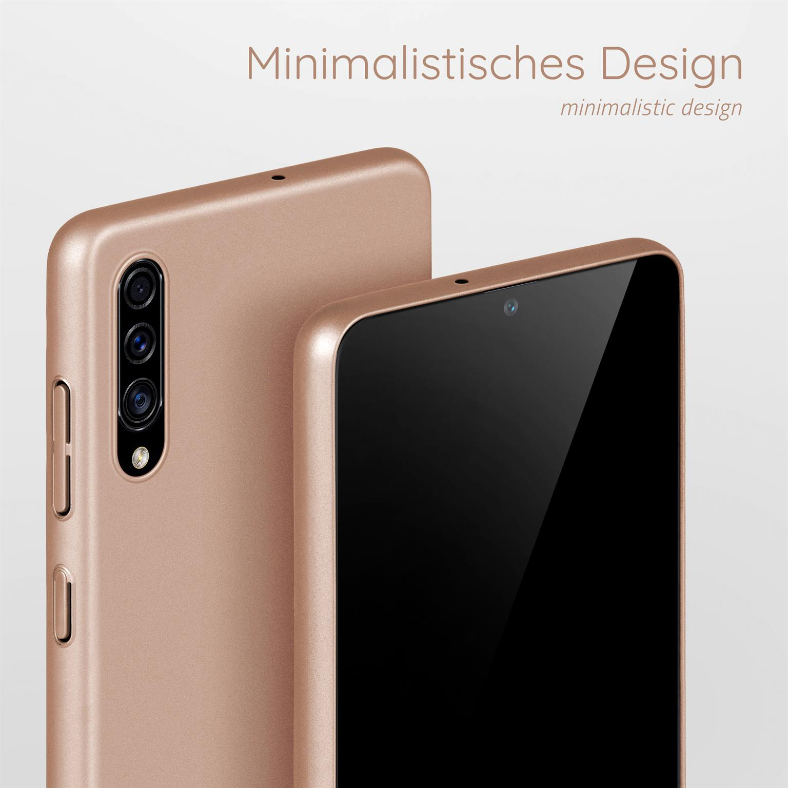 Zwei Handyhüllen, eine auf einem Handy. Oben steht "Minimalistisches Design".