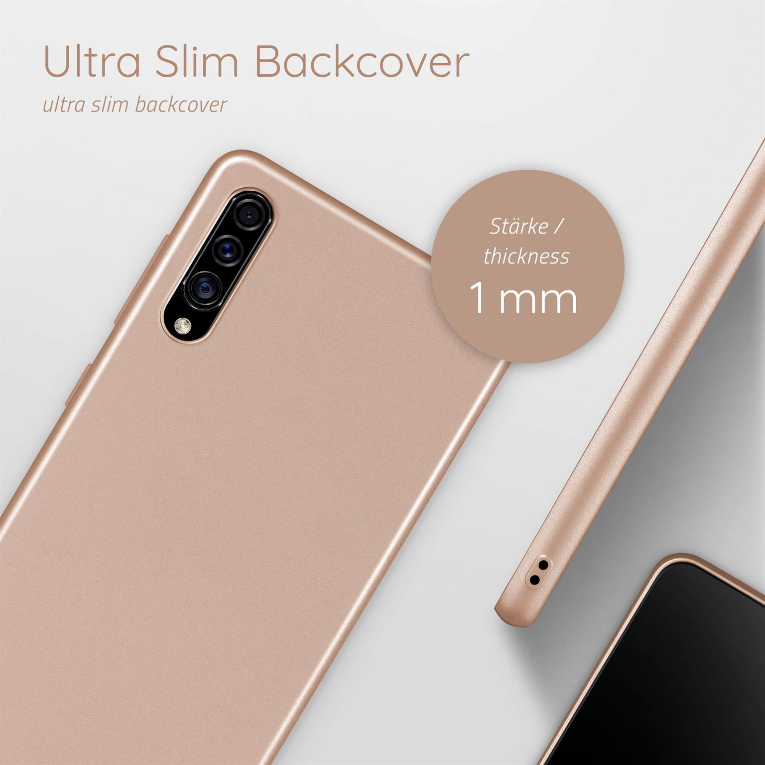Nahaufnahme einer Handyhülle. Handyhülle ist gold. Text: Ultra Slim Backcover, Dicke 1 mm.