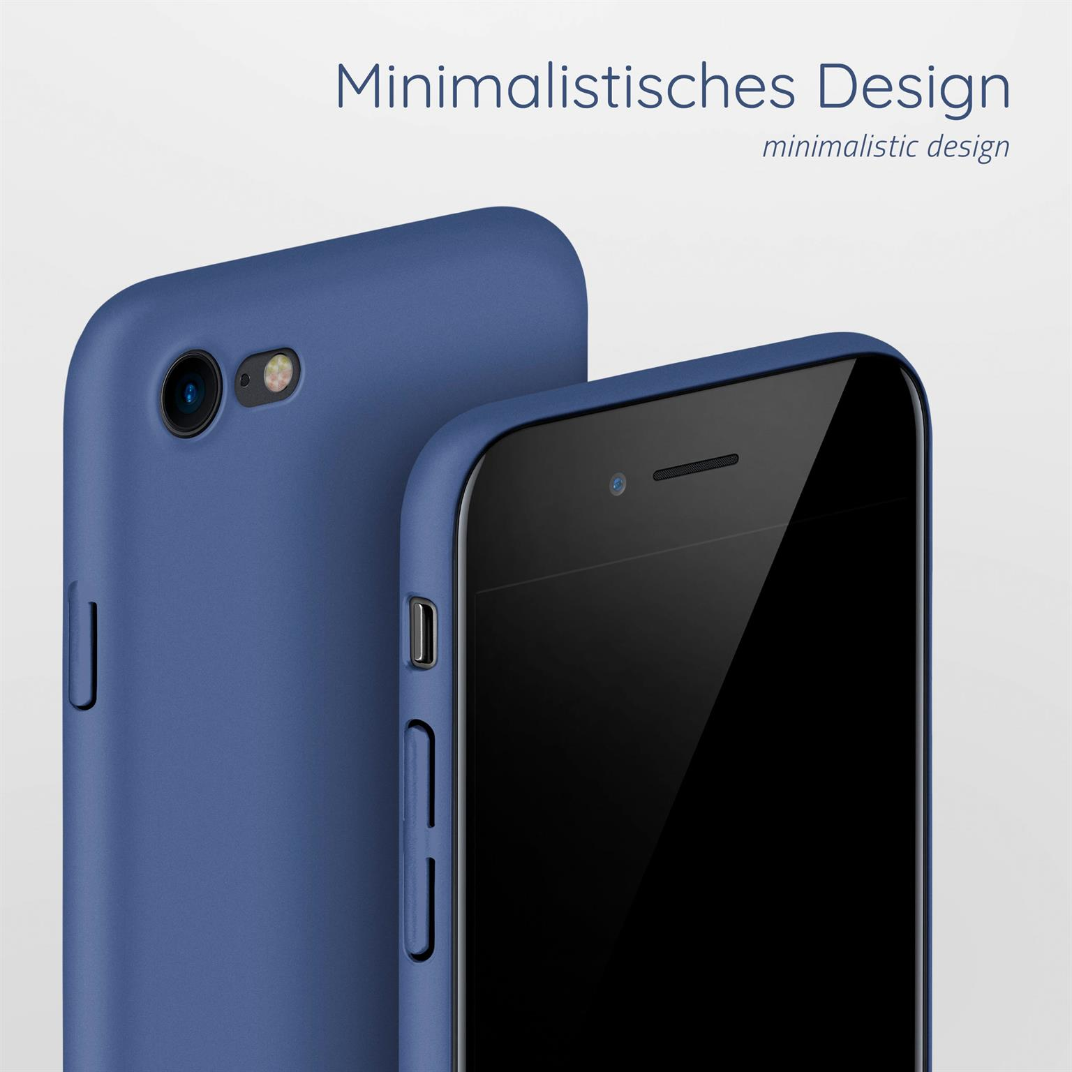 Blaue Handyhülle auf einem Telefon. Text 'Minimalistisches Design'.