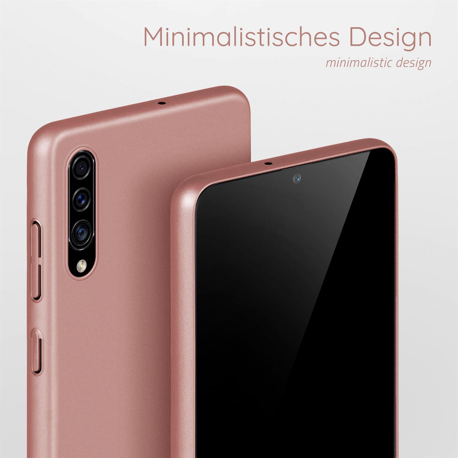 Zwei rosa Telefone. Eines zeigt Kameralinsen, das andere hat einen schwarzen Bildschirm. Minimalistisches Design.