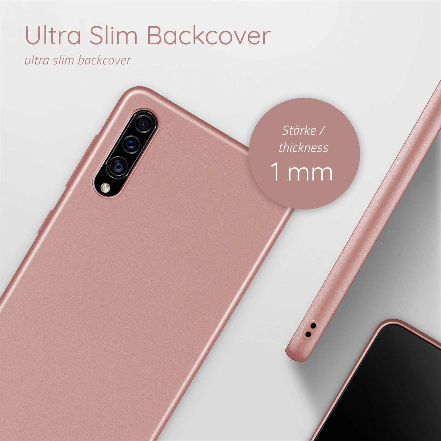 Rosafarbene Handy-Rückseite mit Millimeter-Dicke auf weißem Hintergrund.