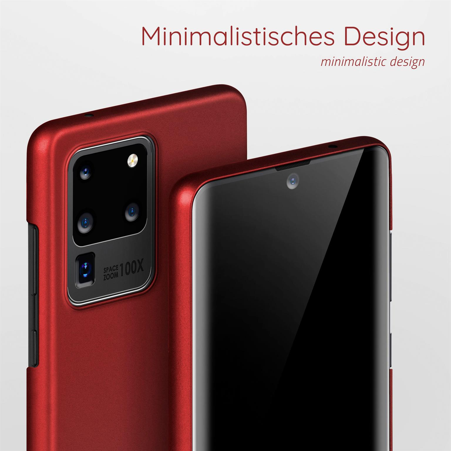 Rote Handyhülle auf einem Telefon, mit Text: Minimalistisches Design.