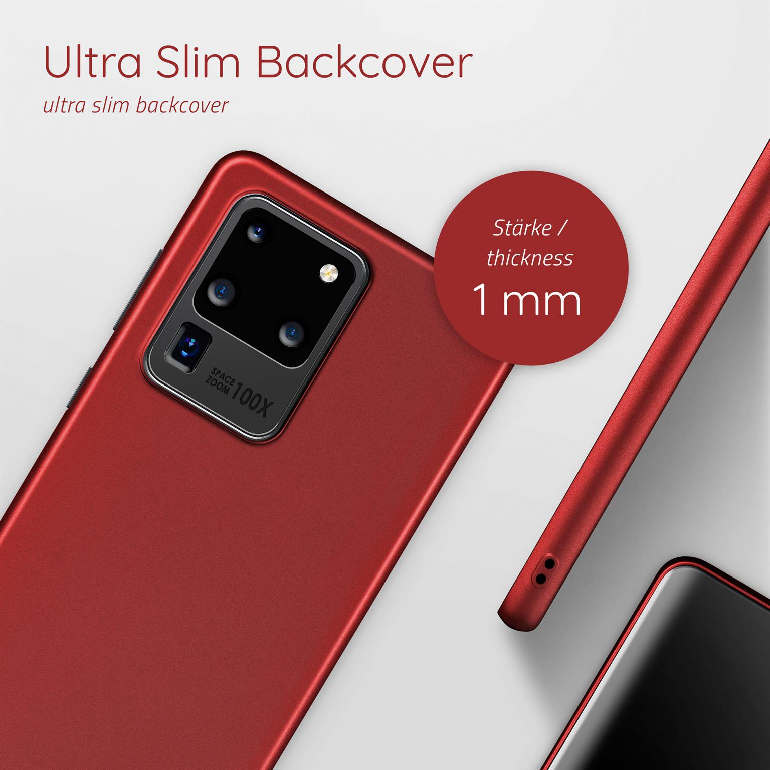 Rote Handyhülle mit einem Telefon. Nahaufnahme zeigt, dass die Dicke 1 mm beträgt.