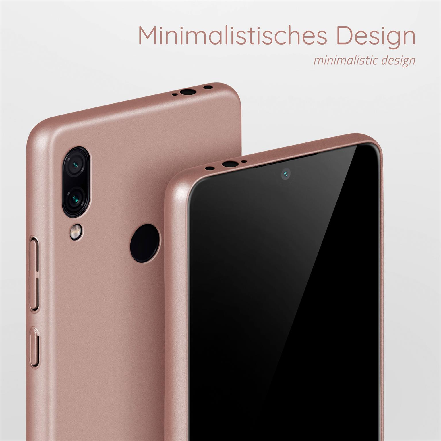Zwei roségoldene Handyhüllen. Hintergrund: weiße Oberfläche. Text: minimalistisches Design.