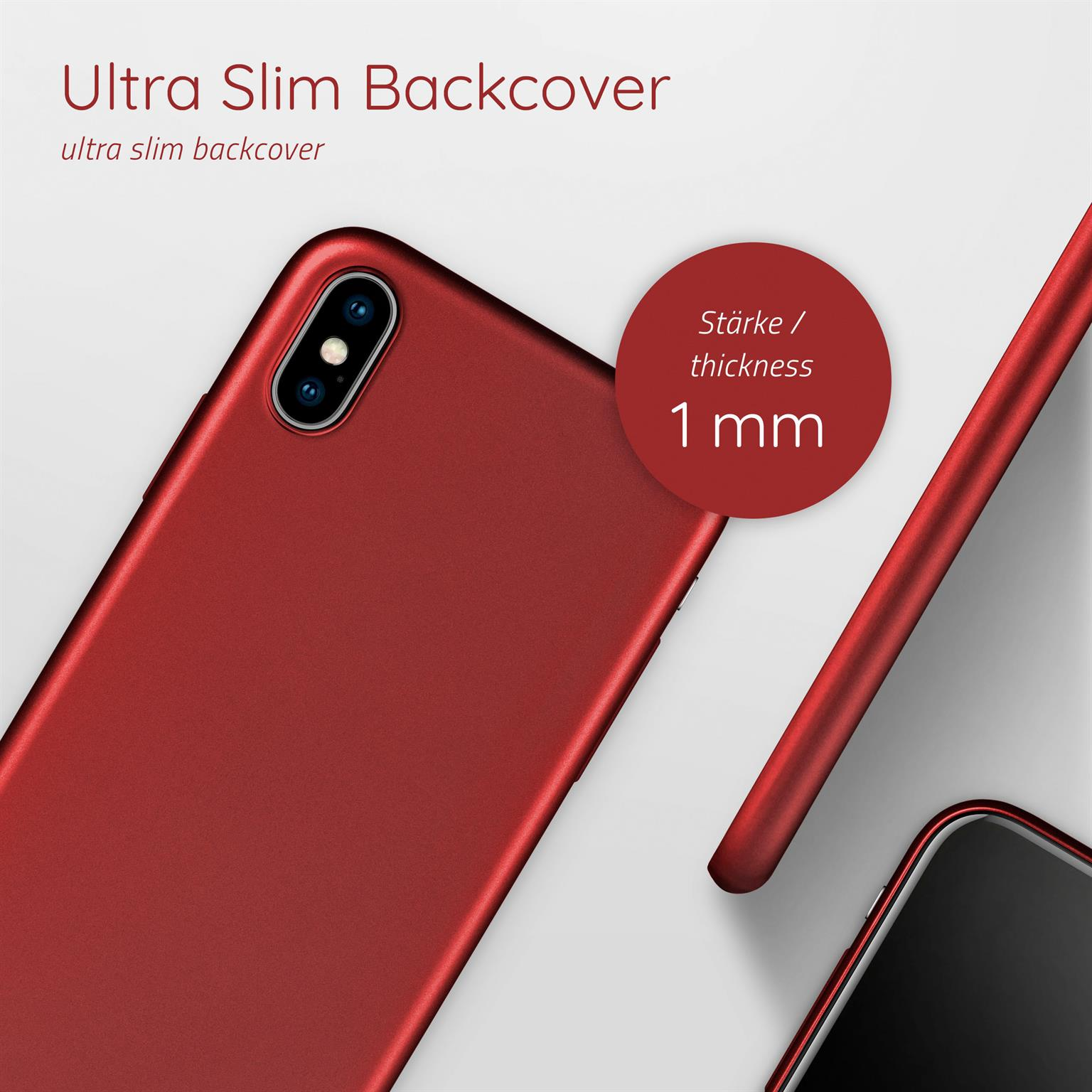 Rote Handyhülle mit 1 mm Dicke, Nahaufnahme der Rückseite.