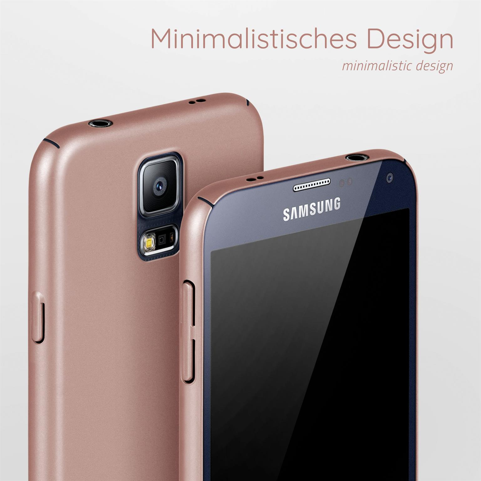 Zwei Telefone, eines in einer roségoldenen Hülle. Text: "minimalistisches Design".
