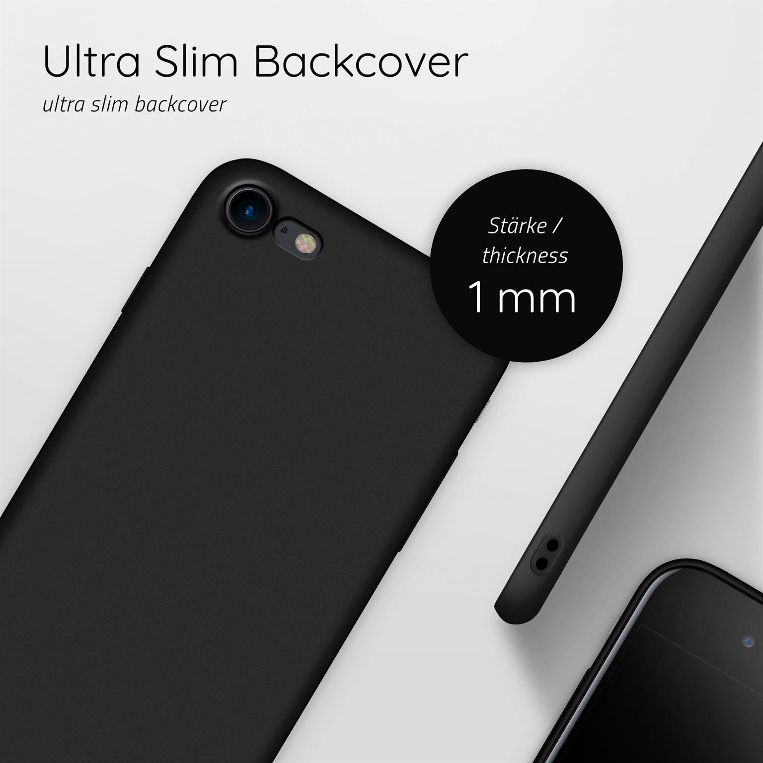 Schwarze Handyhülle auf schwarzem Handy, mit Text zur Dicke. Weißer Hintergrund.