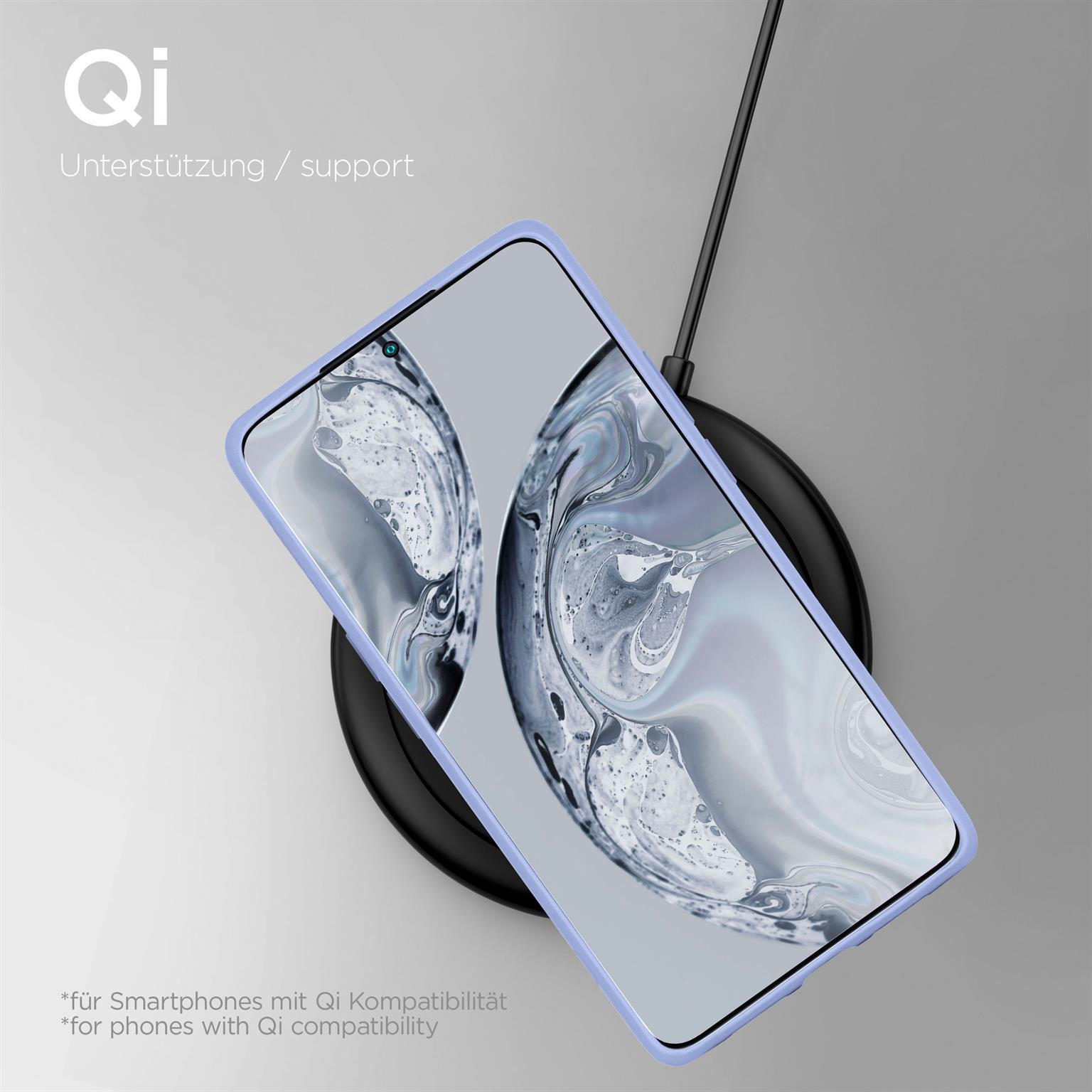 Telefon mit blauem Gehäuse auf kabellosem Ladegerät. Unten steht 'Qi support'.