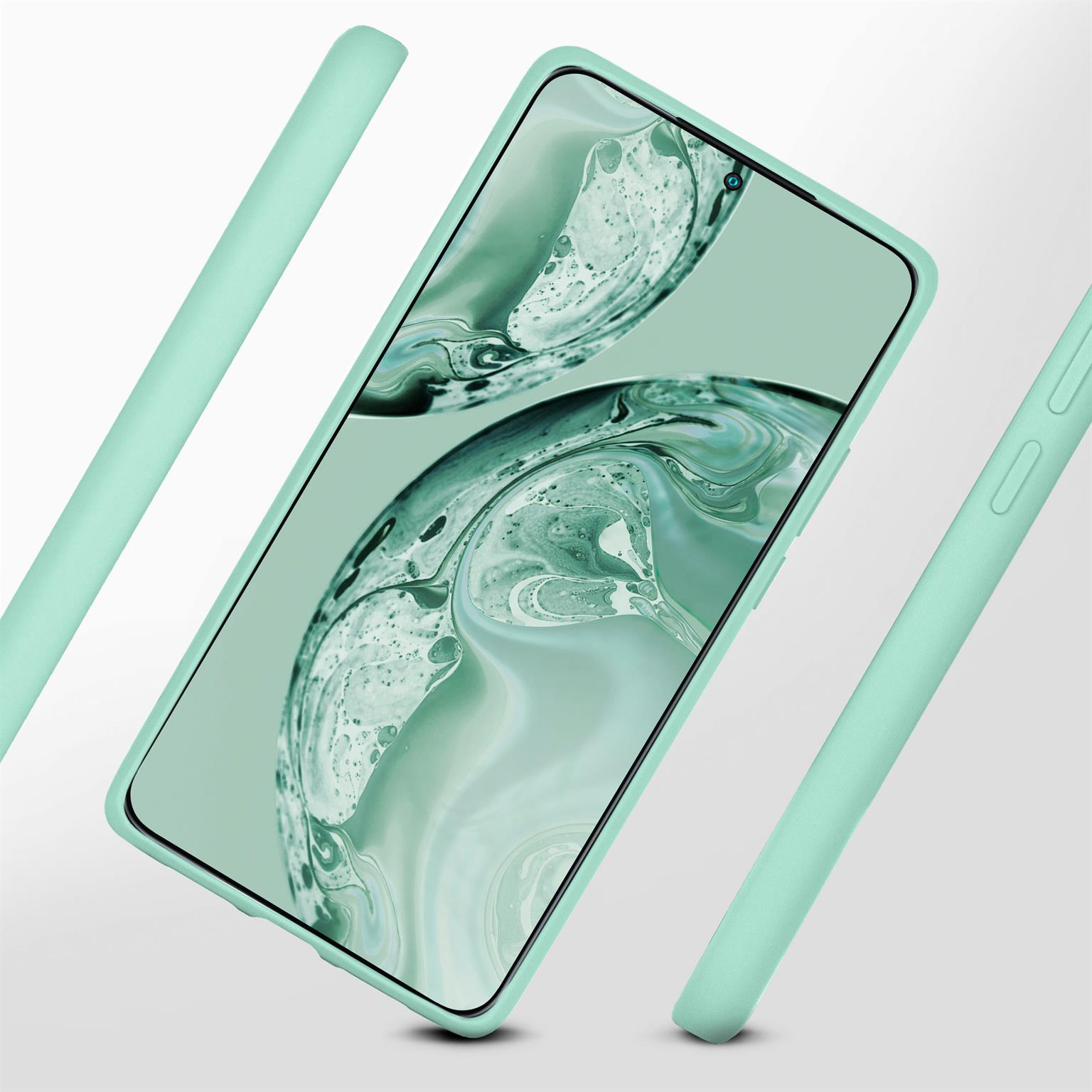 Mintgrüne Handyhülle mit einem Telefon darauf. Drei Teile der Hülle sind abgebildet.