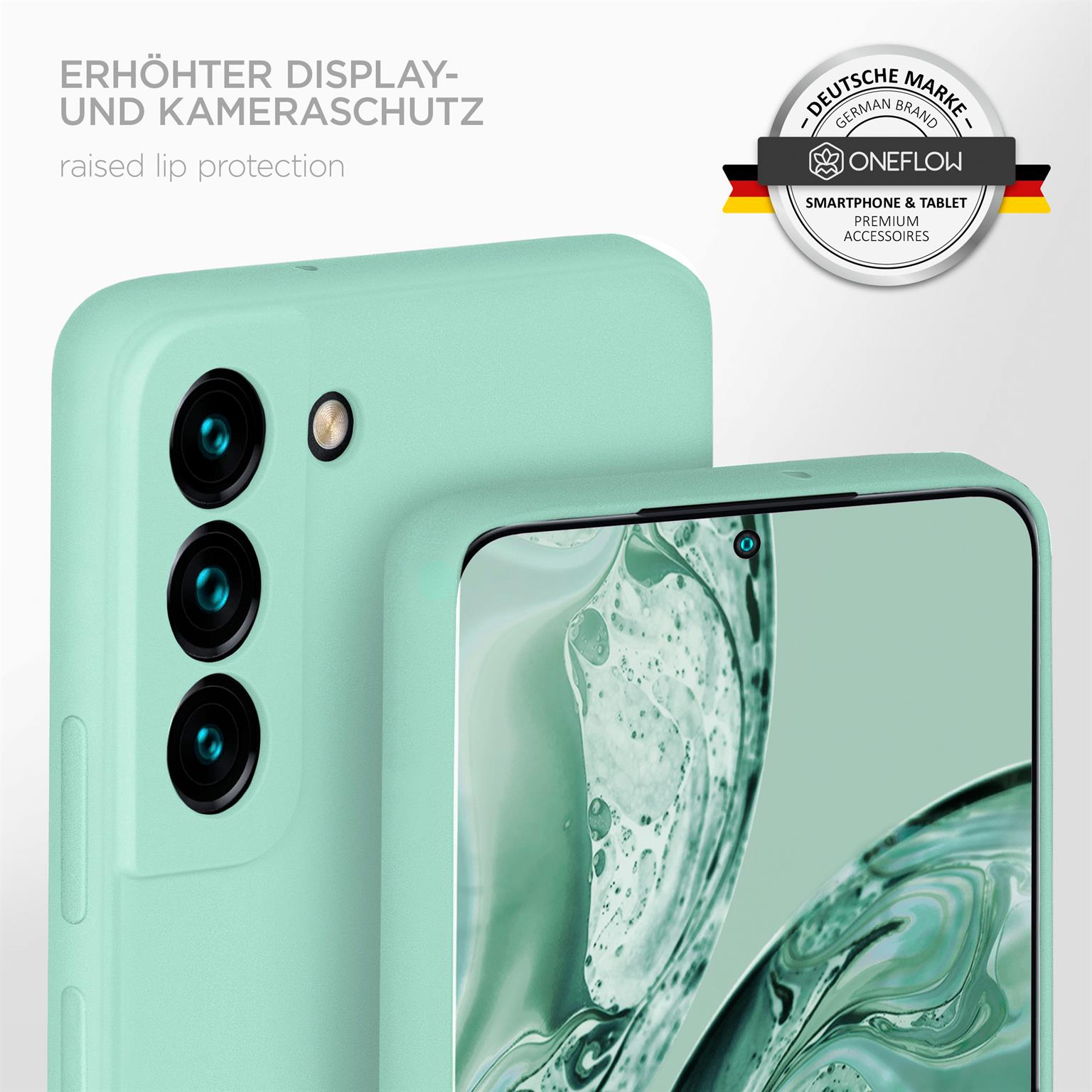 Zwei Handyhüllen, eine mintgrün, eine dahinter. Text: 'erhöhter Display- und Kameraschutz'.