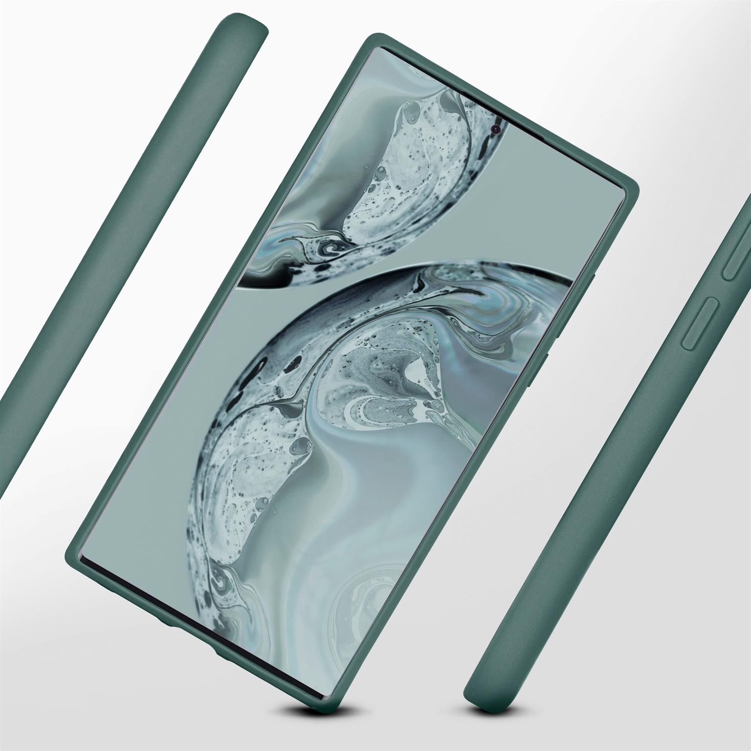 Grüne Handyhülle mit Telefon darin, schwebend. Das Telefon zeigt ein Wasser Muster.