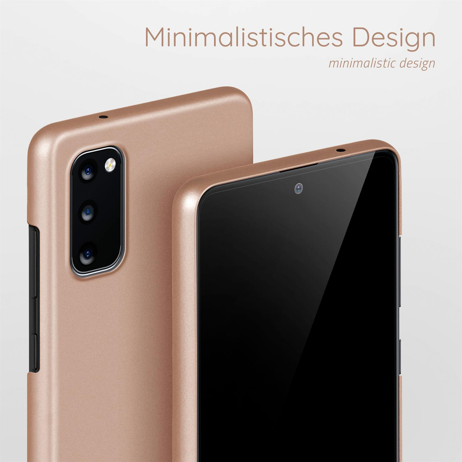 Zwei goldfarbene Smartphones, eines im Fokus, das andere unscharf. Schwarze Bildschirme.
