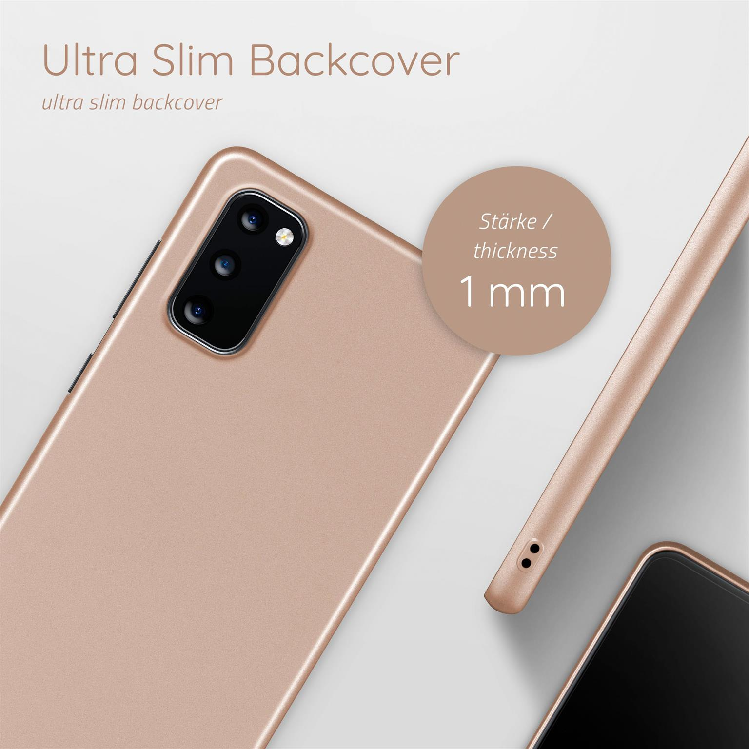 Goldenes Telefon auf einer weißen Oberfläche mit einer goldenen Hülle und einem Kreis mit Text.