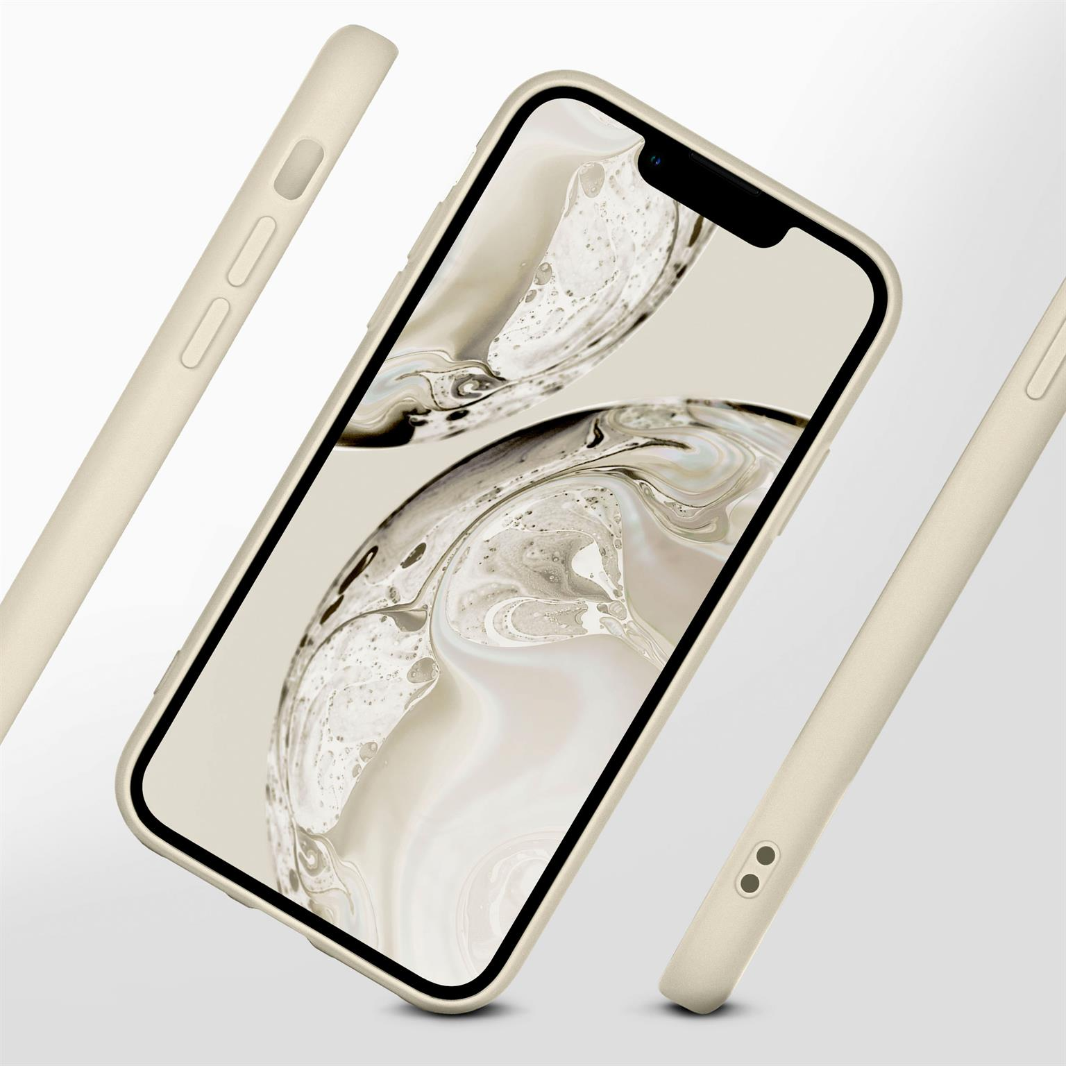 Eine Handyhülle mit dem Telefon, mit neutraler Farbe und weißem Hintergrund.