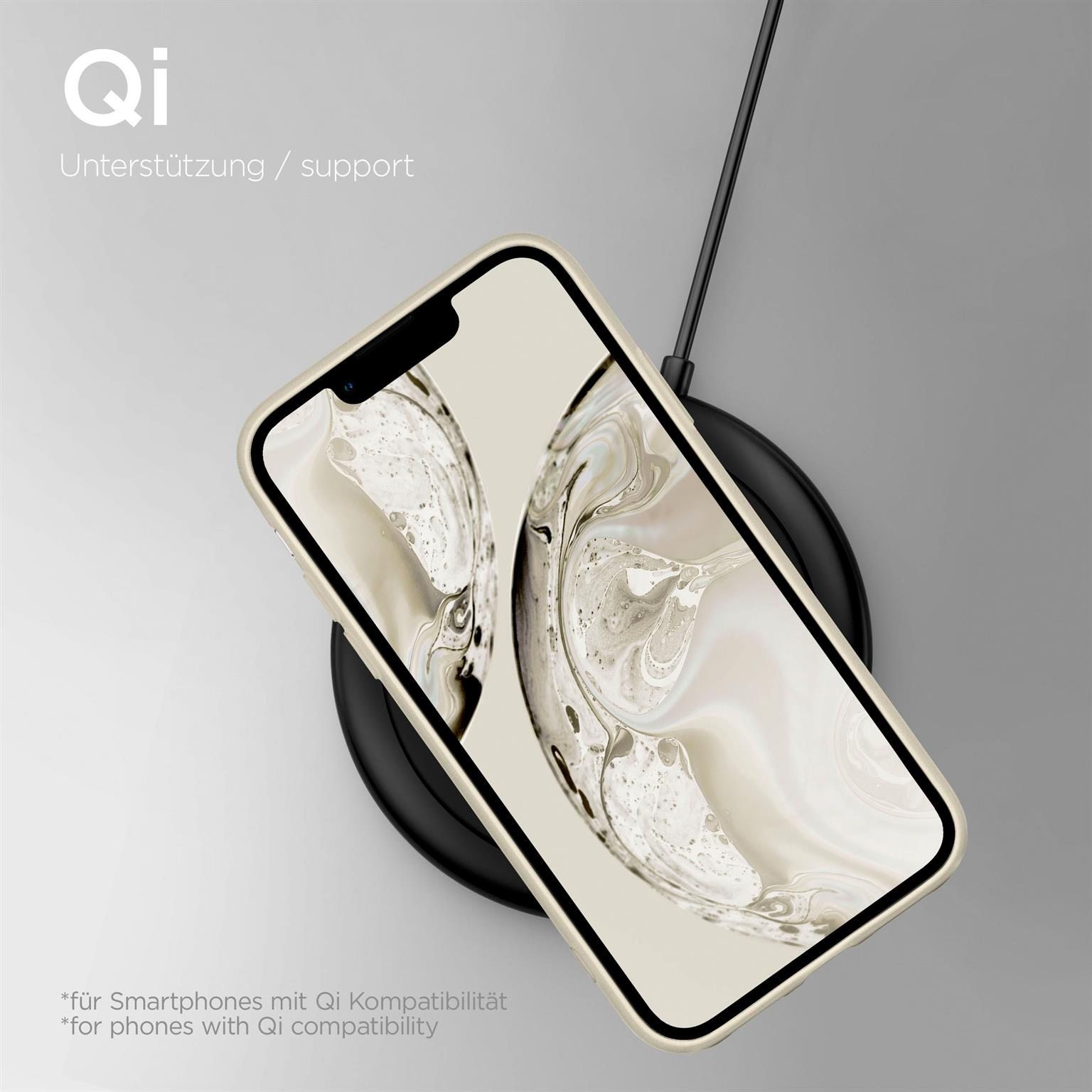 Ein Telefon auf einem kabellosen Ladegerät. Das Telefon zeigt einen cremefarbenen Bildschirm. Text: "Qi-Unterstützung".