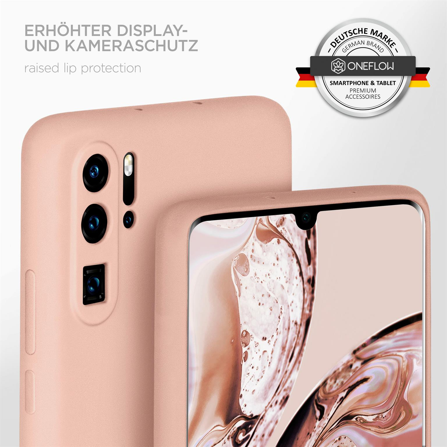 Nahaufnahme einer rosa Handyhülle mit Kameraobjektiv und erhöhtem Kantenschutz.