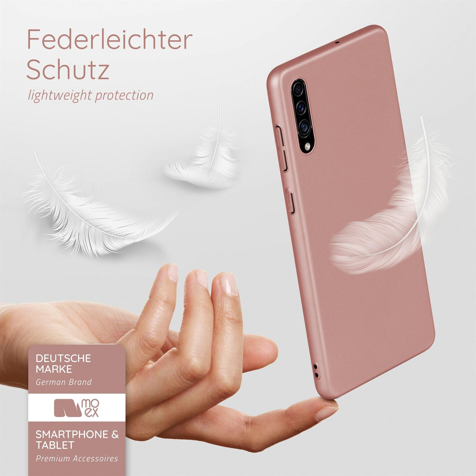 Hand hält eine rosa Handyhülle mit Federn. Text: leichter Schutz, deutsche Marke.