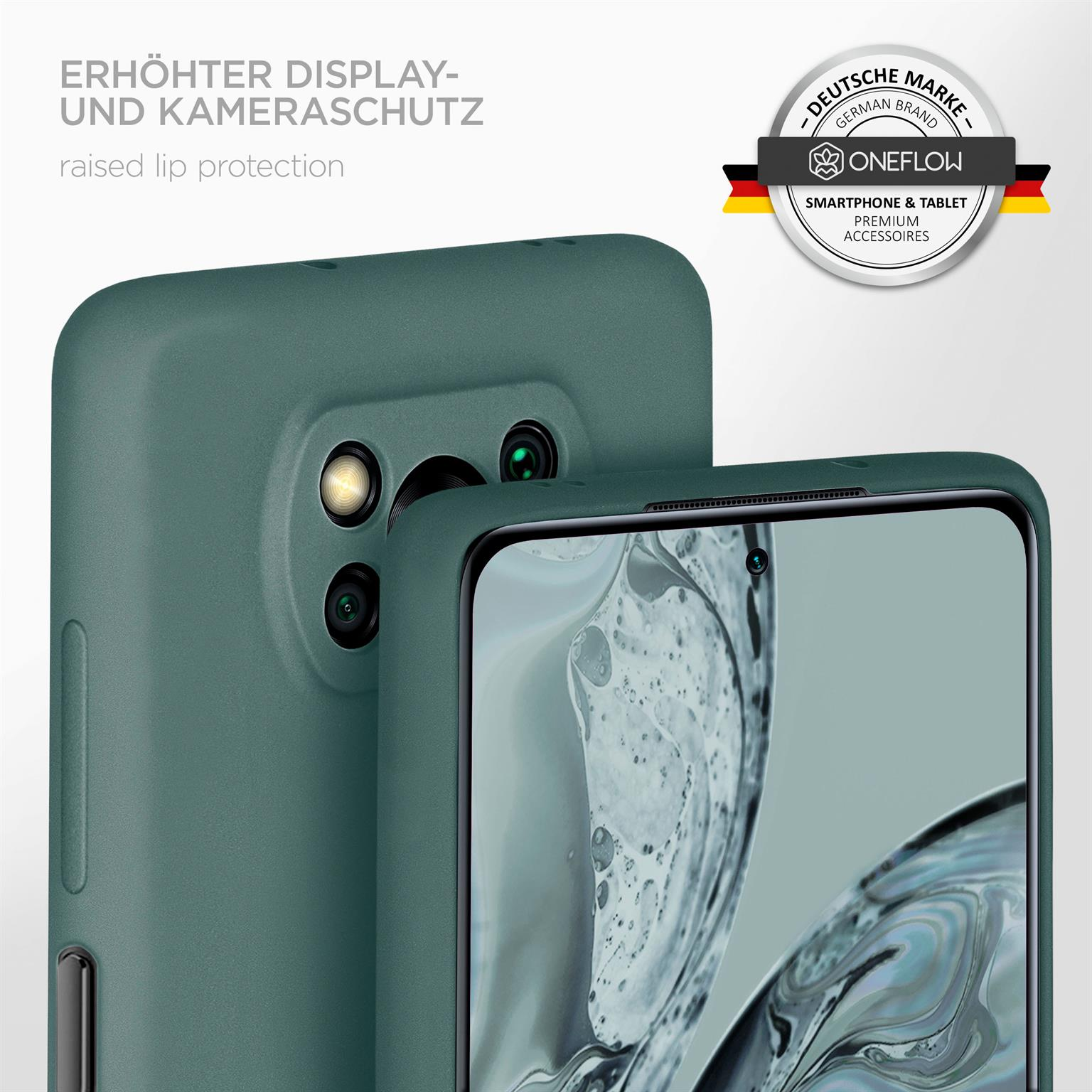 Ein Telefon in einer grünen Hülle. Erhöhter Lippenschutz. Logo: Oneflow, Deutsche Marke.