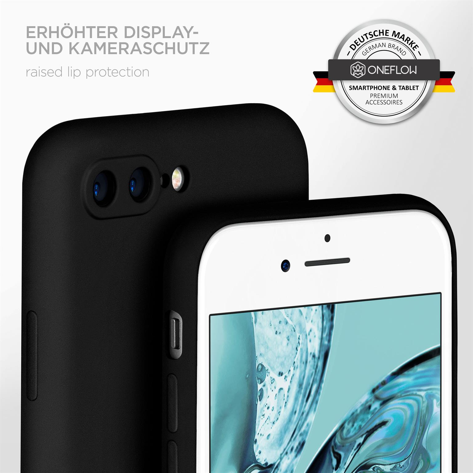 Eine schwarze Handyhülle, die ein weißes Telefon mit erhöhtem Lippenschutz schützt.