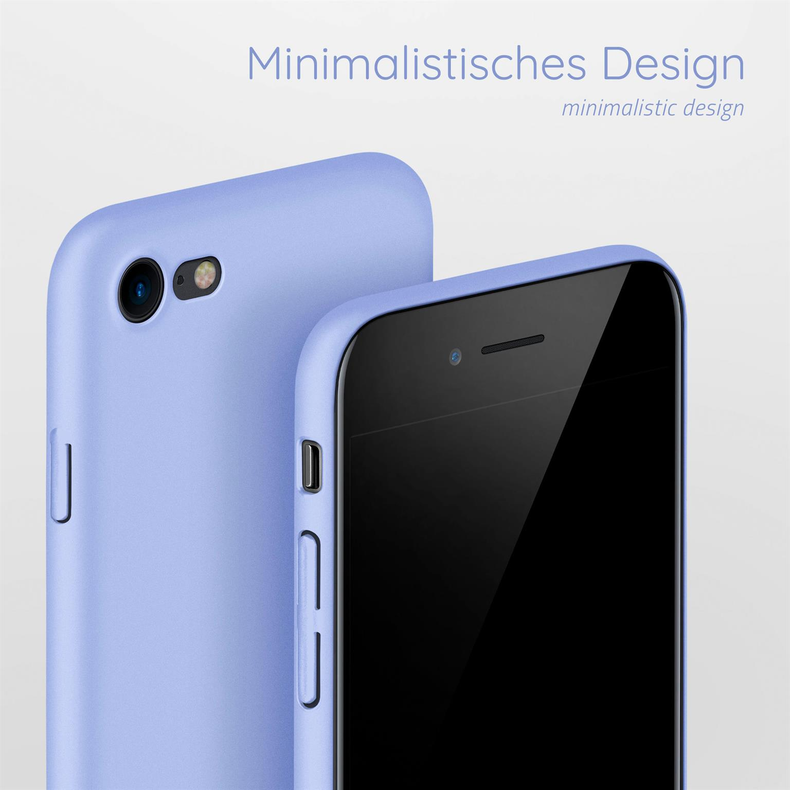 Zwei Telefone in hellblauen Hüllen, Nahaufnahme. Der Text "Minimalistisches Design" wird angezeigt.