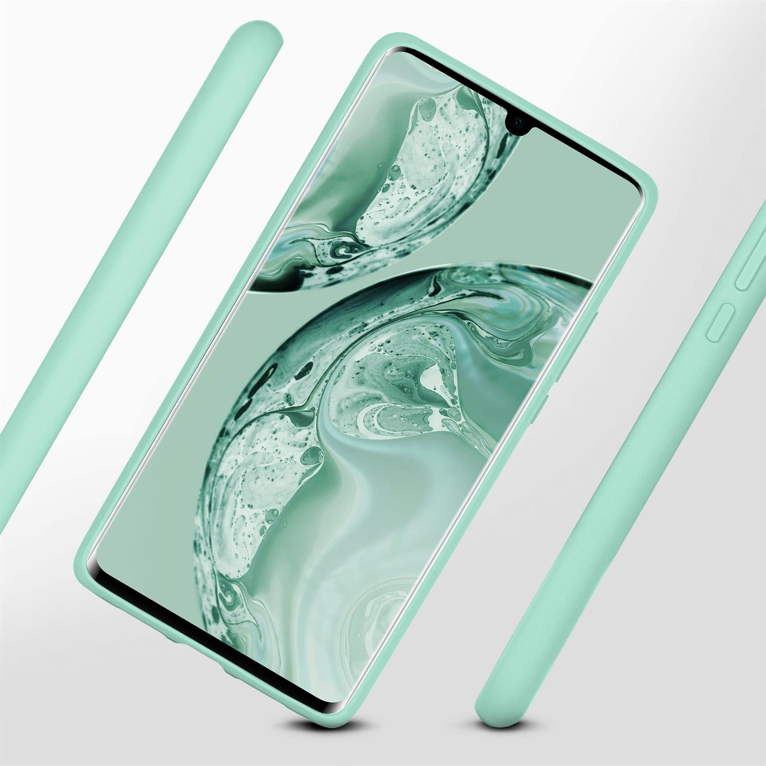 Ein Telefon mit mintgrüner Hülle. Der Bildschirm ist sichtbar, mit drei grünen Linien darum.