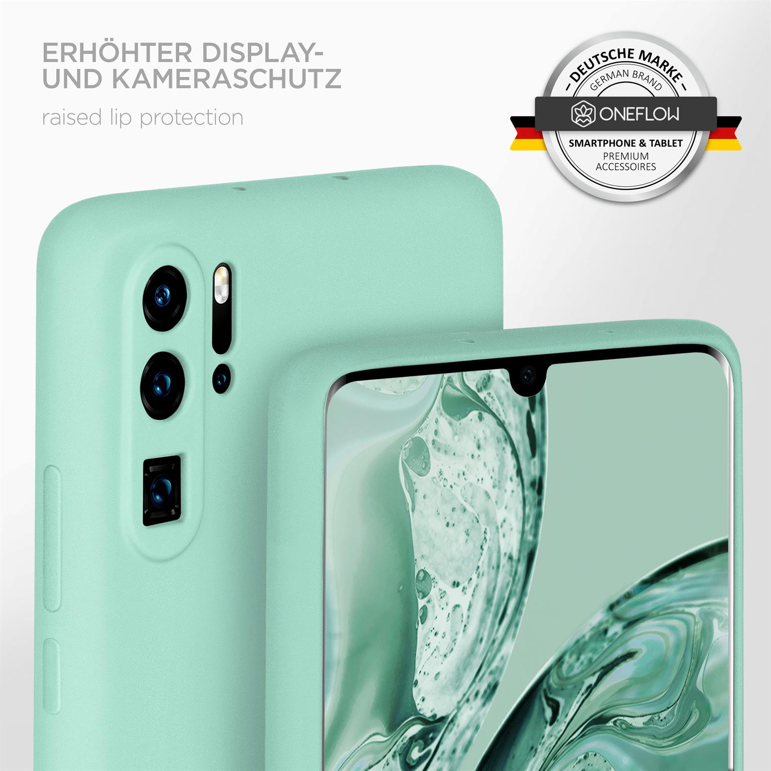 Grüne Handyhülle auf einem Telefon. Text: 'Erhöhter Display- und Kameraschutz' und Logo.