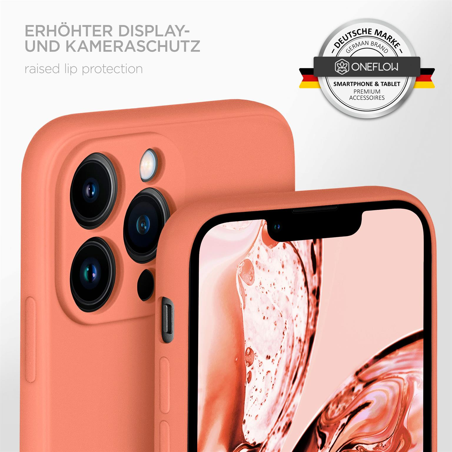 Orange Handyhülle. Erhöhter Rand für Kameraschutz. Oneflow Logo sichtbar.