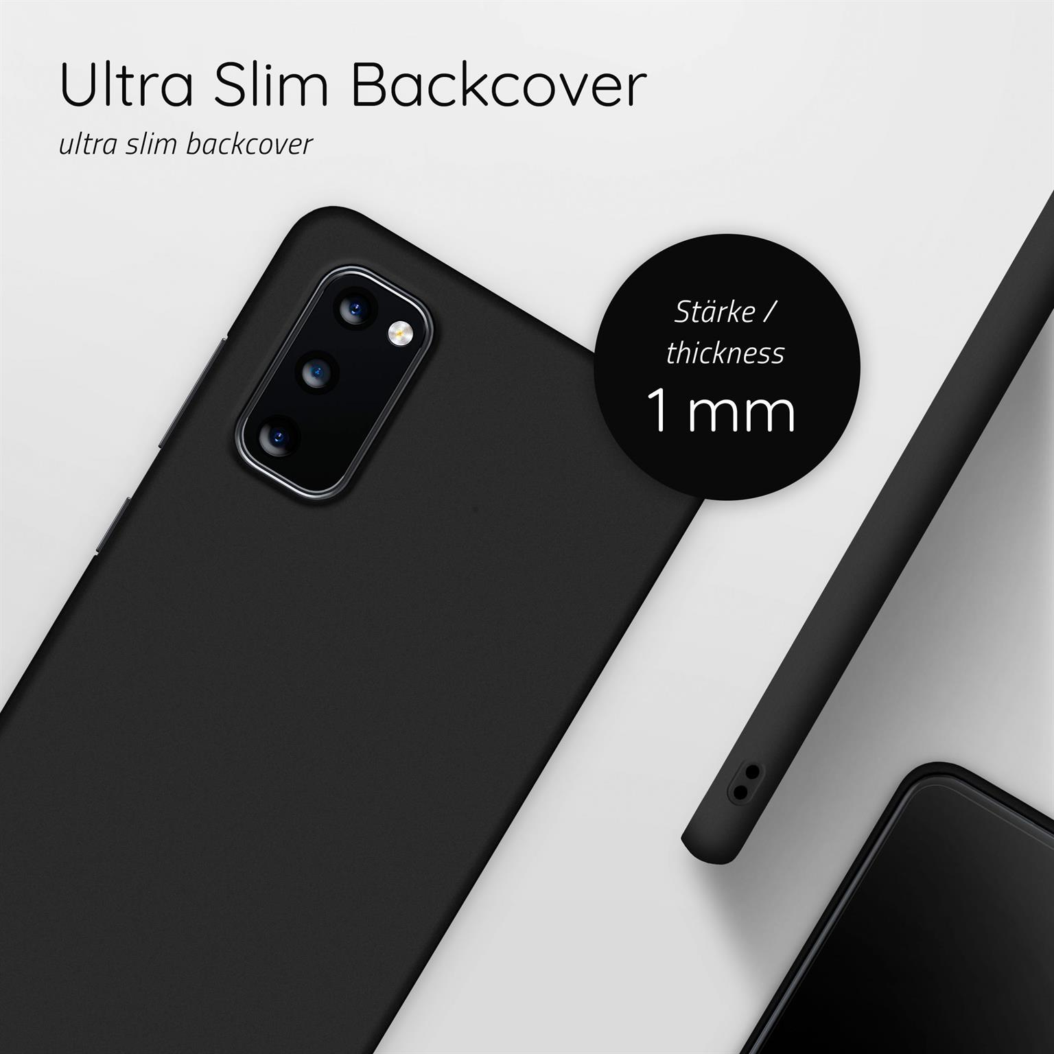 Schwarze Handyhülle mit 1 mm Dicke. Text: 'Ultra Slim Backcover'.