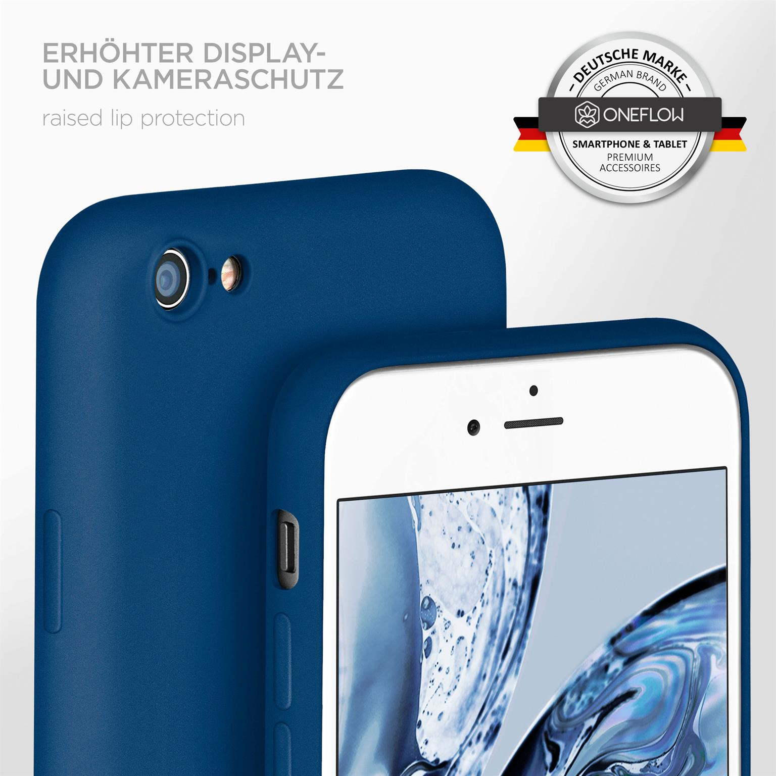Blaue Handyhülle mit weißem Smartphone und Logo.