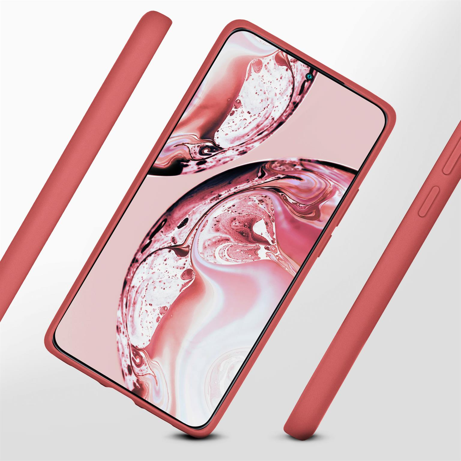 Rote Handyhülle um ein Telefon. Die Hülle ist in der Luft. Weißer Hintergrund.