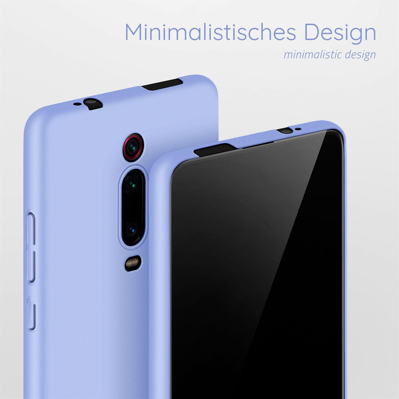 Zwei blaue Handyhüllen, eine Rückansicht und eine Vorderansicht.