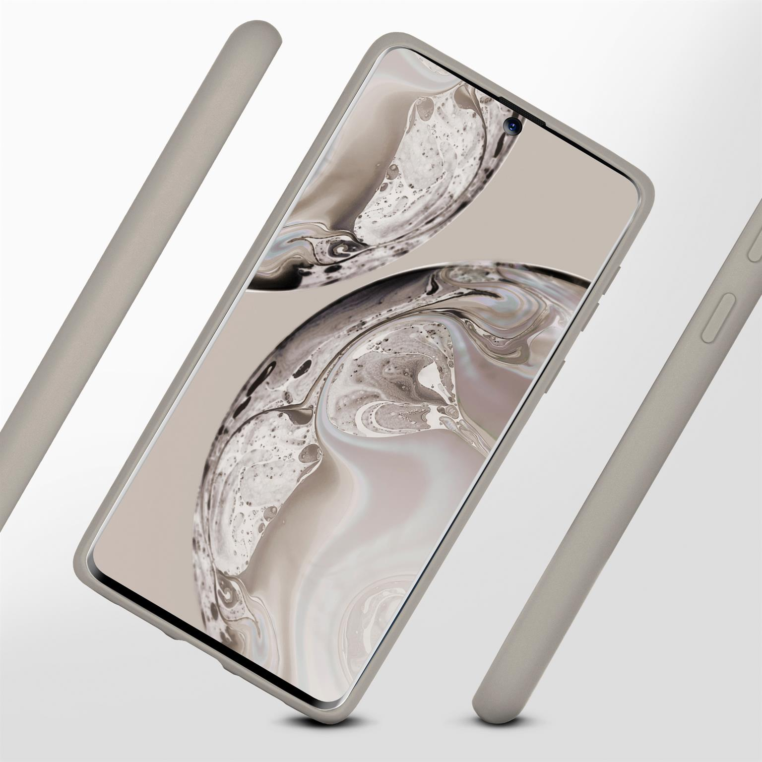 Graue Handyhülle mit Telefon, drei graue Balken. Bildschirm zeigt ein abstraktes Design.